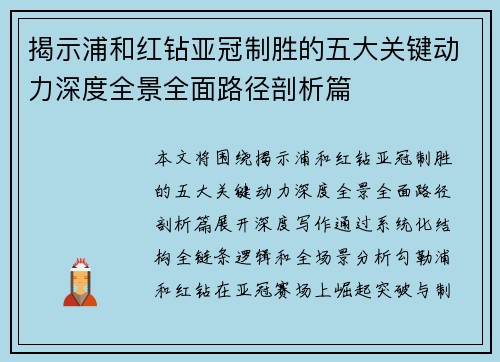 揭示浦和红钻亚冠制胜的五大关键动力深度全景全面路径剖析篇